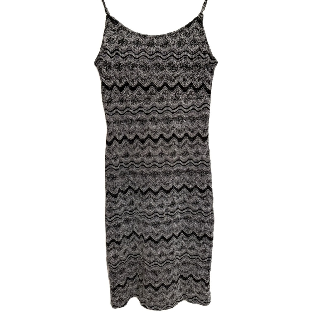 Vintage 90s black & white chevron striped patterned sparkly stretchy mini dress